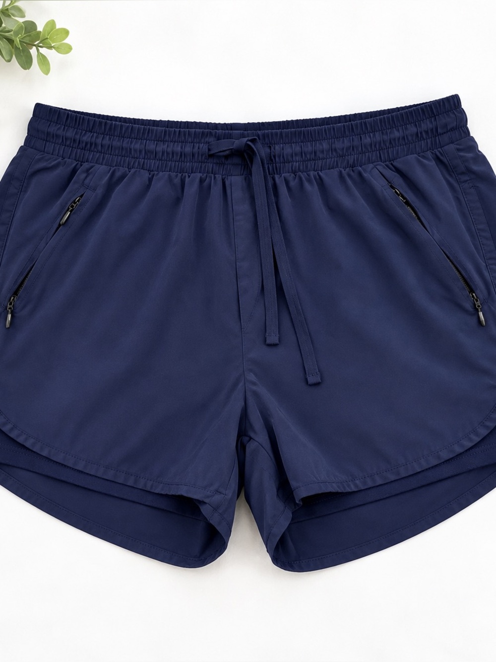 Navy Lined Running Shorts Zip Pockets Drawstring Athletic Size M